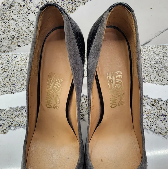 Ferragamo Vara Spectator Platform Pumps Gray Suede & Black Leather US 10, IT 40 - Picture 3 of 14